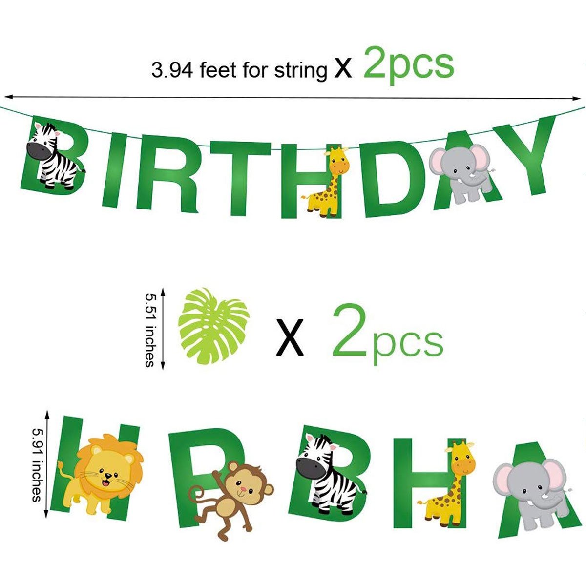 Jungle Animal Themed Happy Birthday Banner - Animals, Letters, Leaves - Nesh Kids Store