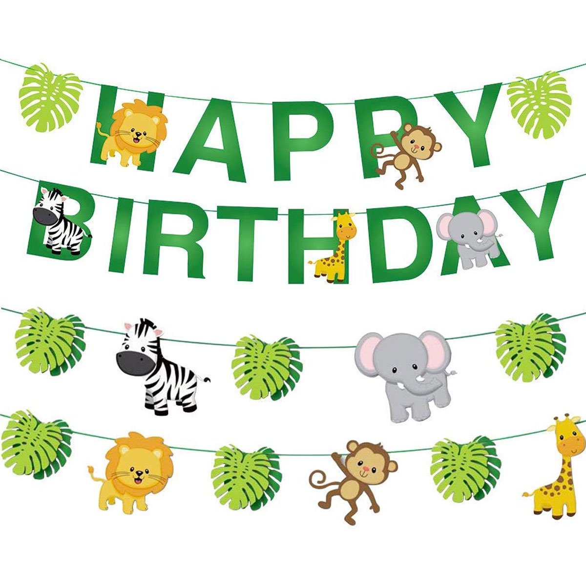 Jungle Animal Themed Happy Birthday Banner - Animals, Letters, Leaves - Nesh Kids Store